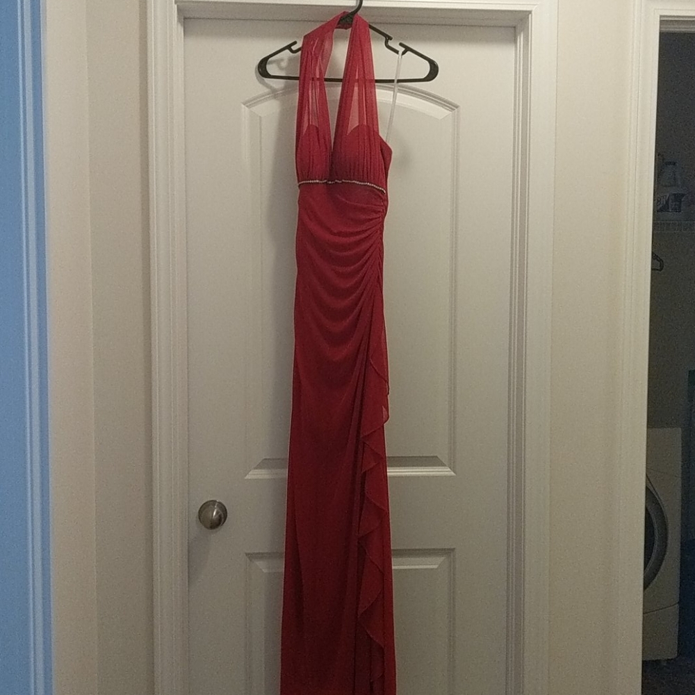Betsy & Adam Long Red Halter Dress